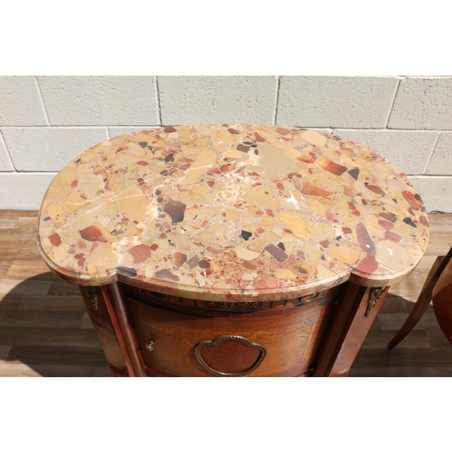 Pair Antique French Louis XV Style Marble Top Inlaid Wood Nightstands, Circa 1940s For Sale - Image 9 of 18