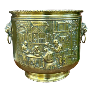 Antique English Brass Planter Lion Heads Flowerpot Pub Scenes C.1930