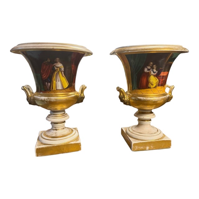 Antique Old Paris Porcelain Pair Urn Cachepots Hand Painted Figural Floral Gilt For Sale