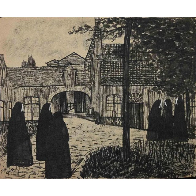 Bruges is an original Black Marker and Watercolor on paper realized by an anonymous artist in the Mid-20th Century. Good...