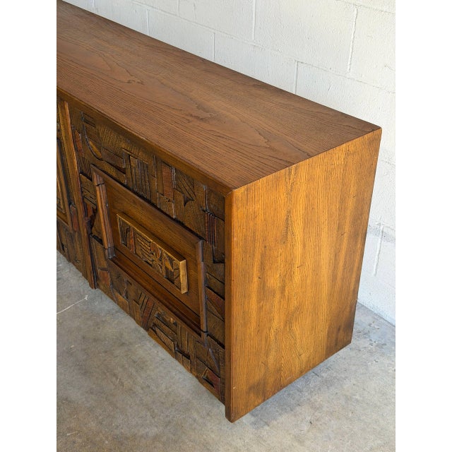 Lane Oak Credenza Brutalist Wooden Sideboard Large Storage Mid-Century Modern 1970s For Sale In Los Angeles - Image 6 of 10