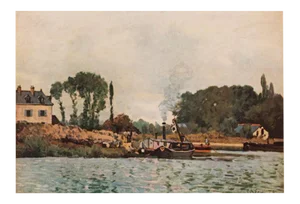 1940s After Alfred Sisley "Boats at the Lock at Bougival", First Edition Parisian Lithograph