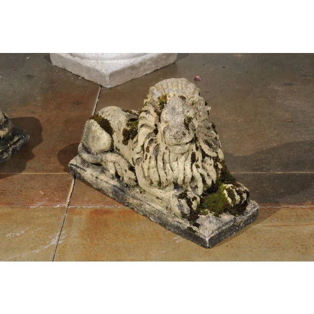 English 20th Century Composition Reclining Lion Sculptures with Patina - A Pair For Sale - Image 6 of 12