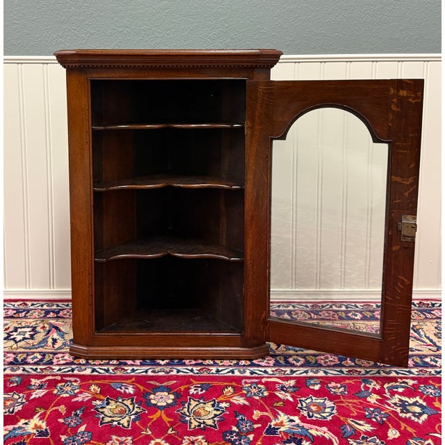 Wood Antique English Corner Cabinet Carved Oak Hanging Wall Cabinet Storage c.1920s For Sale - Image 7 of 18