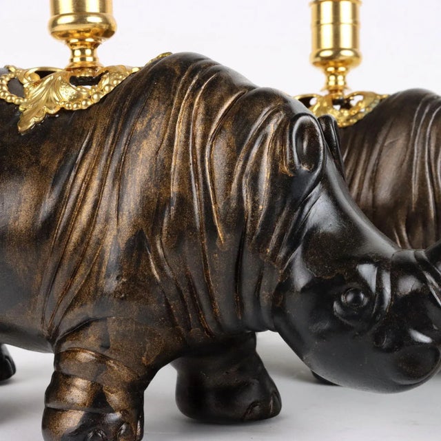 Rhinoceroses Plaster Candleholders by J. Luc Maisiere, 1900s, Set of 2 For Sale - Image 4 of 11