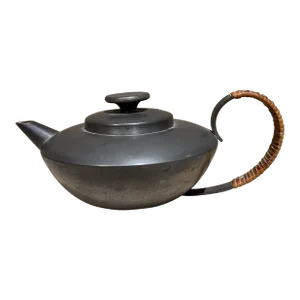 Antique Modernist Pewter Tea Pot Cane Wrapped Handle