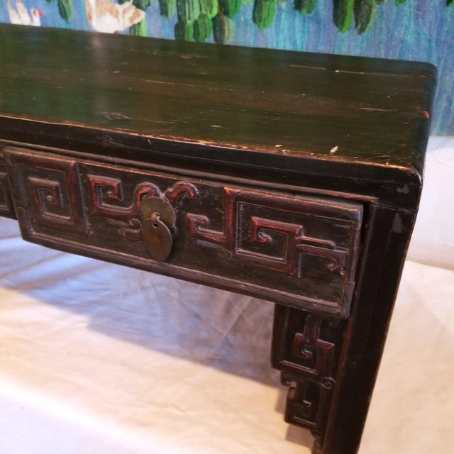 Coffee 1940s Chinese Carved Elmwood Narrow Low Coffee Table With Two Drawers For Sale - Image 8 of 12