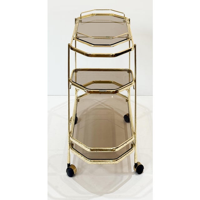 Mid 20th Century Italian Modern Rolling Drinks Cart or Console Trolley of Brass and Smoked Glass For Sale - Image 5 of 14