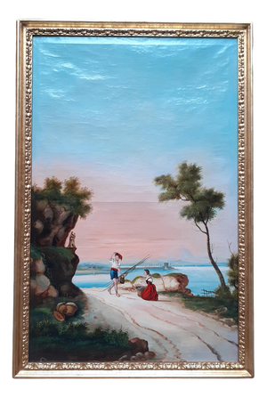 Neapolitan Artist, Coastal Landscape, 1860s, Oil on Canvas, Framed