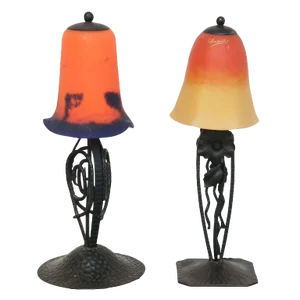Vintage Art Deco Small Hand Wrought Iron and Glass Small Lamps One Signed Schneider