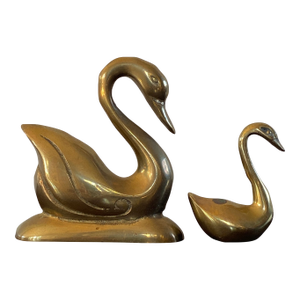 Pair of Vintage Korean Solid Brass Swan Figurines, Mid-Century Modern Decor