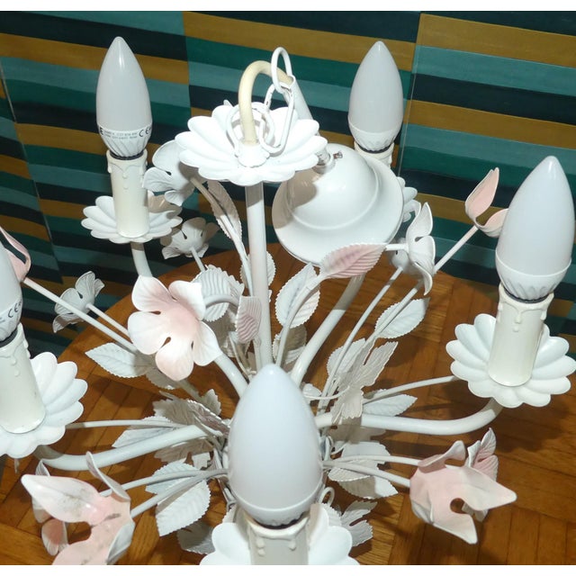 Vintage French Five Candle Chandelier with Pink Flowers by Massive, 1970s For Sale - Image 9 of 11
