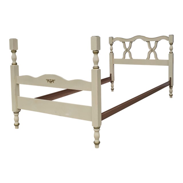 Vintage French Provincial White and Gold Twin Bedframe With X Headboard