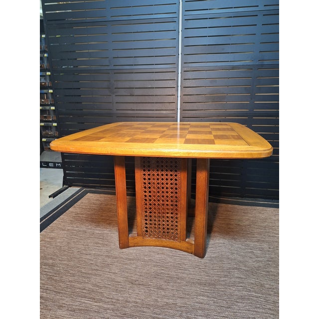 Wood Vintage 1960's Caned Bottom Breakfast Table W/ Checkerboard Parquet Top For Sale - Image 7 of 7