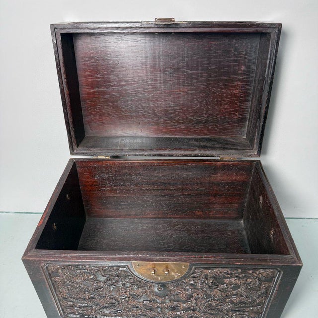 Brown Carved Rosewood Dragon Chest Box, Chinese Keepsake Box For Sale - Image 8 of 9