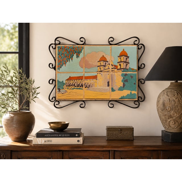 Taylor Tilery –Mission Santa Barbara,1930s Spanish Revival Hand-Painted Tile Panel in Iron Frame For Sale - Image 11 of 12