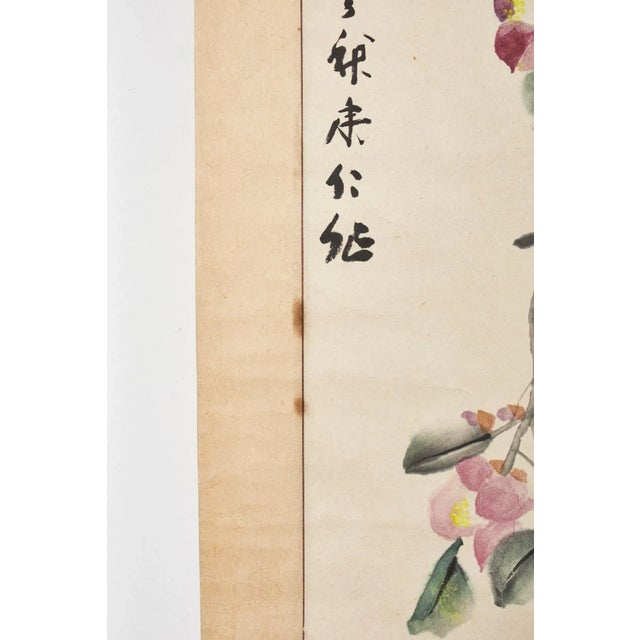Wood Chinese Hanging Scroll Painting of Camellias Signed Dated For Sale - Image 7 of 13