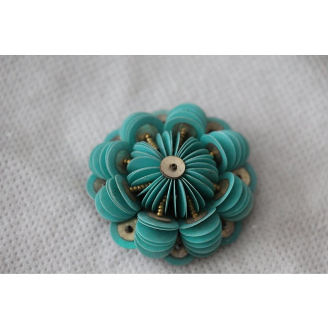 French Blue Silver round brooch Flower decor Floral Circa the 1940s. Made in France. Celluloid sequins, leather....