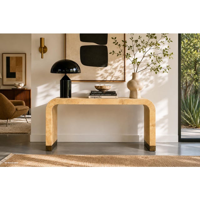 Vintage goatskin parchment waterfall console table attributed to Aldo Tura, Italy, circa 1970s. This striking piece...