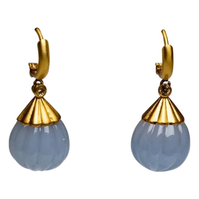Pair of Chalcedony, Diamond and 18k Gold Drop Hoop Earrings For Sale