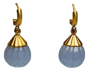 Pair of Chalcedony, Diamond and 18k Gold Drop Hoop Earrings