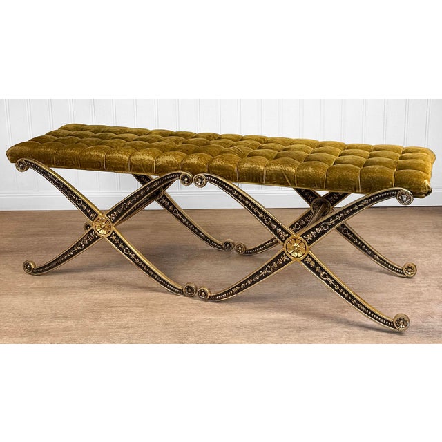 Vintage French Regency Double X Gilded Green Velvet Tuft Window Bench For Sale - Image 4 of 15