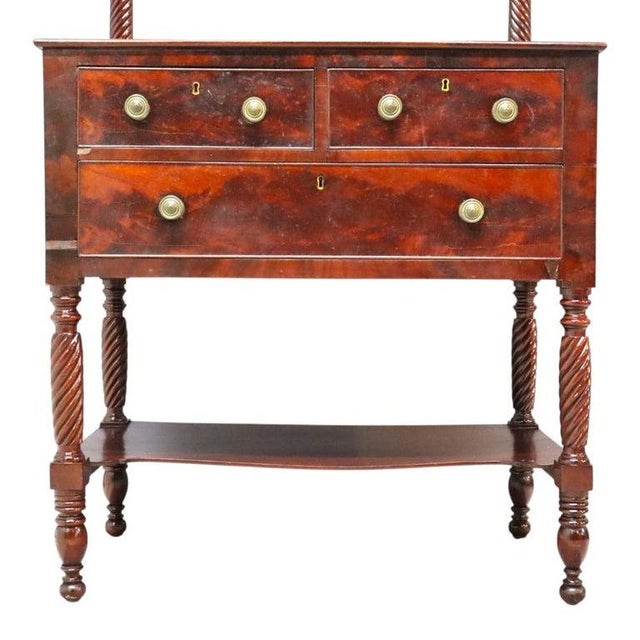 Traditional Early 19th Century Sheraton Carved Mahogany 3 Drawer Dressing Table With Barley Twist Legs & Mirror For Sale - Image 3 of 16
