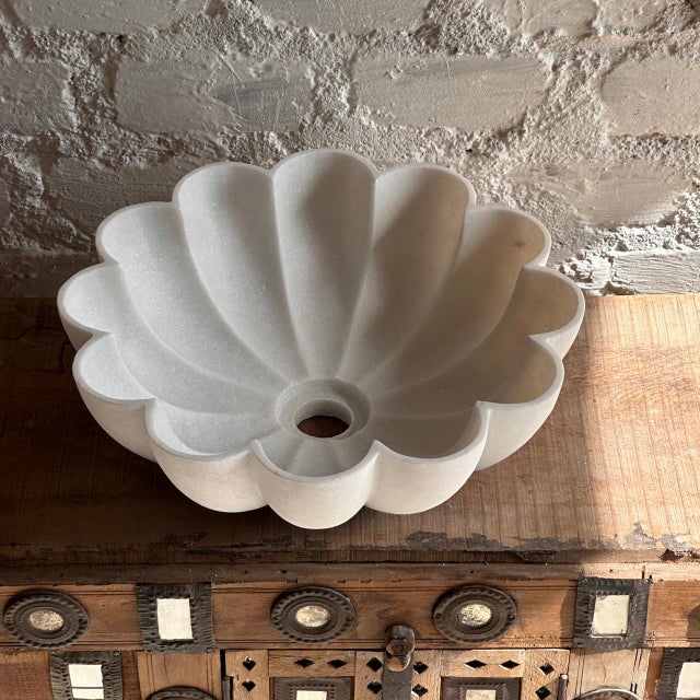 White Hand-Carved White Marble Cirque Floral Vessel Sink - Modern Bathroom Vanity Basin For Sale - Image 8 of 10