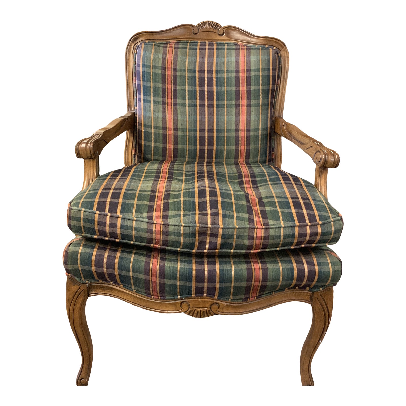 Vintage French Green Plaid Upholstered Armchair Chairish