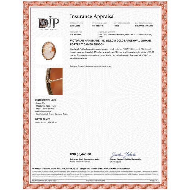 Metal Late 18th Century Victorian Handmade 14k Yellow Gold Large Oval Woman Portrait Cameo Brooch For Sale - Image 7 of 7