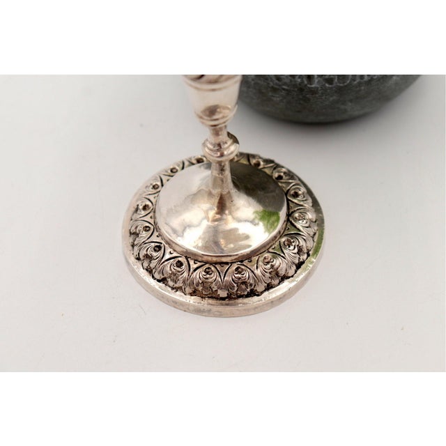 Silver Vase with Hindu Reliefs with Circular Base and Wavy Edge For Sale - Image 3 of 6