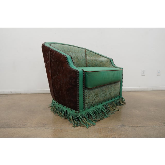 Western-Style Embossed Leather Swivel Barrel Chair For Sale - Image 4 of 16