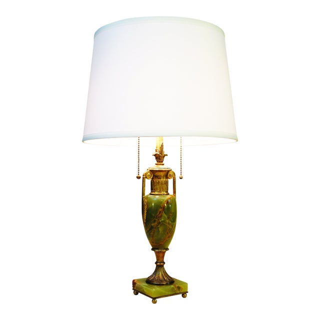 1930s Mutual Sunset Lamp Co. French Empire Deco Neoclassical Green Alabaster Marble Gilt Brass Table Lamp For Sale
