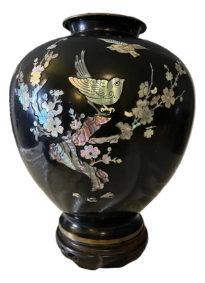 Vintage Korean Mother of Pearl Inlay Black Lacquer Brass Vase Bird 11" Korea