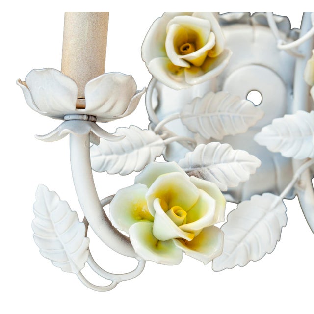 Mid 20th Century Electrified Wall Sconces With Ceramic Flowers & Metal Leaves; A Pair For Sale - Image 9 of 11