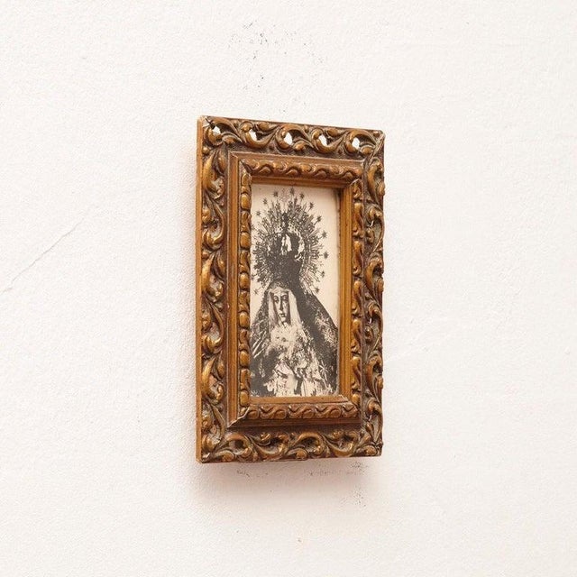 Framed Virgin Image, circa 1950 Manufactured in France. Materials: Wood, paper. Dimensions: D 3 x W 15,2 cm x H 20,2 cm...