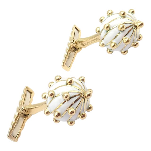 Vintage! David Webb Yellow Gold White Enamel Ball Spike Cufflinks, Pair For Sale