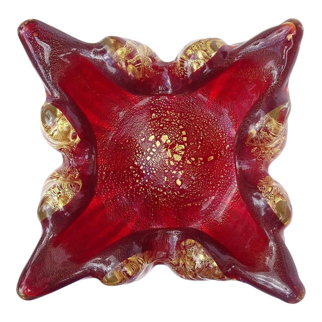 Barovier Toso Murano Vintage Deep Red Gold Flecks Spike Corners Italian Art Glass Mid Century Bowl For Sale