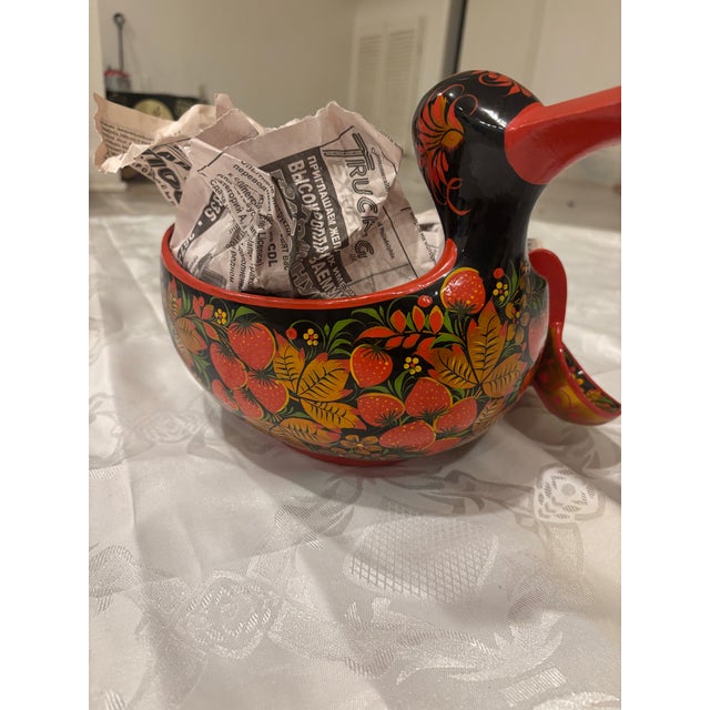 Folk Art Vintage Russian Khokhloma Hand-Painted Wooden Duck Punch Bowl With 8 Spoons. For Sale - Image 3 of 7