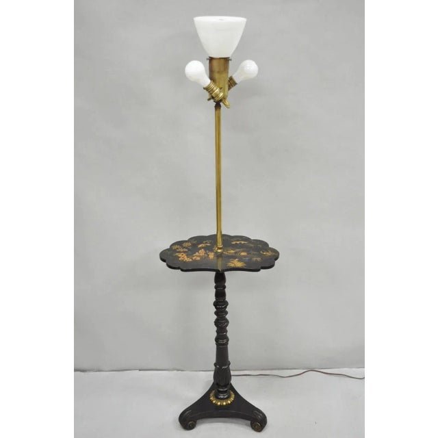 Antique Chinoiserie English Regency Black Lacquer Carved Wood Floor Lamp Table For Sale - Image 14 of 14