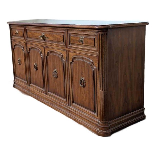 Henredon 1970s Credenza – Traditional Walnut Sideboard With Brass Pulls & Adjustable Shelving, 66” Vintage Cabinet For Sale
