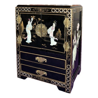 Vintage Chinese Asian Black Lacquer Mop Chinoiserie Table Top Cabinet For Sale