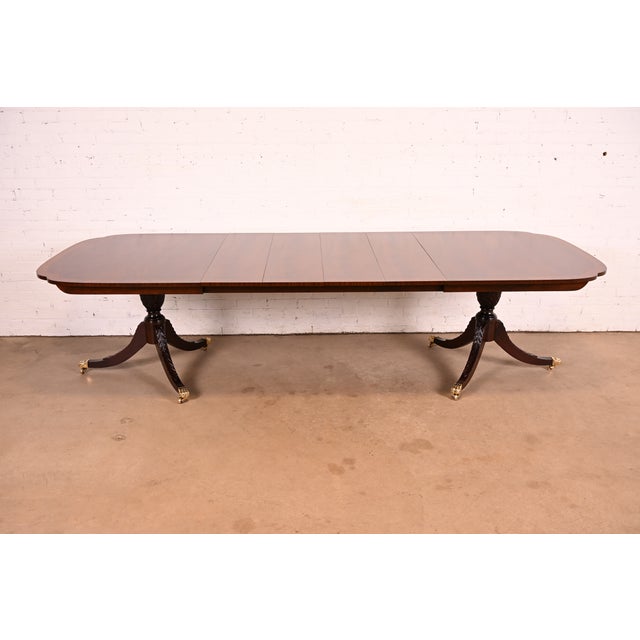 Stickley Georgian Banded Flame Mahogany Double Pedestal Extension Dining Table | Newly Refinished For Sale - Image 14 of 14