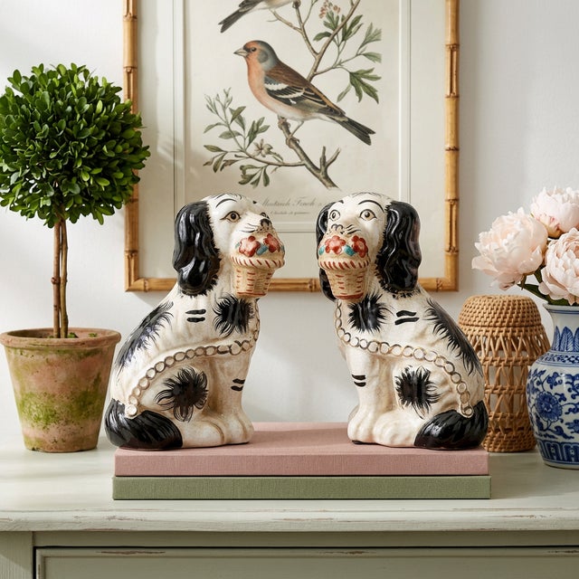 Staffordshire Staffordshire-Style Dogs Classic Black & White With Baskets (Pair) For Sale - Image 4 of 4