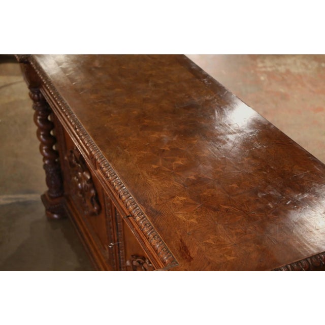 French 19th Century French Louis XIII Carved Oak Buffet With Parquetry Top For Sale - Image 3 of 12
