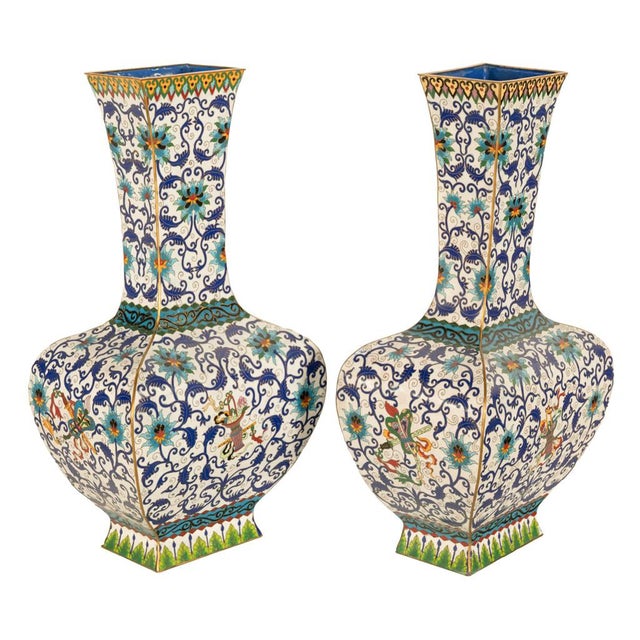 Antique Pair Monumental Chinese Qing Qianlong Period Cloissoné Enamel Vases 1795 For Sale - Image 13 of 16