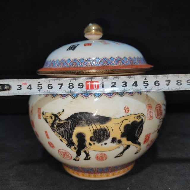 Rose Famille Rose Porcelain Ginger Jars With Ox Motif - Set of 2 For Sale - Image 8 of 9