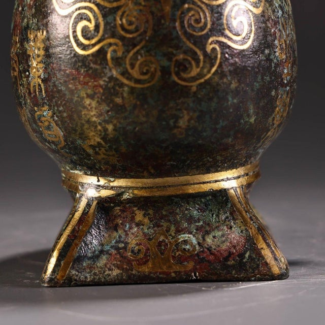 Bronze Vase With Gold Inlay, Twin Dragon Head Handles & Archaic Script, Chinoiserie Tabletop Bronze Vessel For Sale - Image 10 of 10