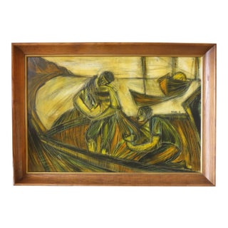 1960s "Fisherfolk" Maritime Oil Painting by Moshe Katz, Framed For Sale