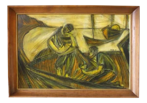 1960s "Fisherfolk" Maritime Oil Painting by Moshe Katz, Framed